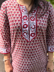 Soft Brown Handblock Buti Co-ord Set neck detail by MySanskritam