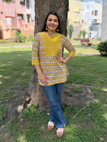 Yellow geometric yoke handblock short kurti