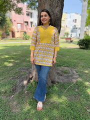 Yellow geometric yoke handblock short kurti
