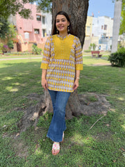 Yellow geometric yoke handblock short kurti