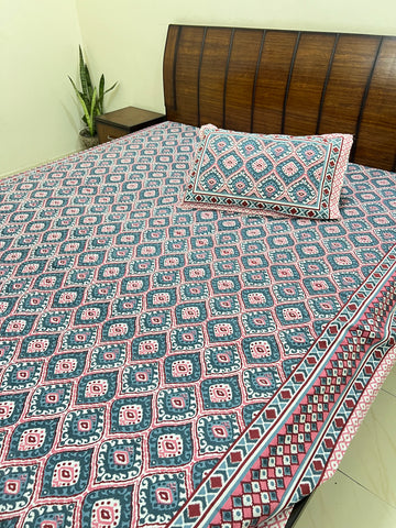 Blue Pink Ikkat print bedsheet