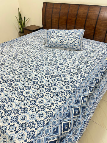 Shades of Blue Geometric Bedsheet - MYSANSKRITAM