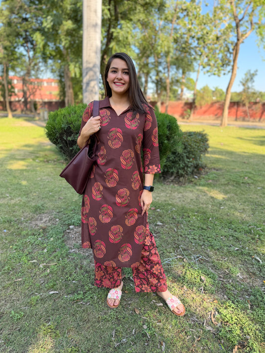 Coffee Brown Collar Co-ord Set