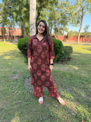 Coffee Brown Maroon Buti Collar Co-ord Set