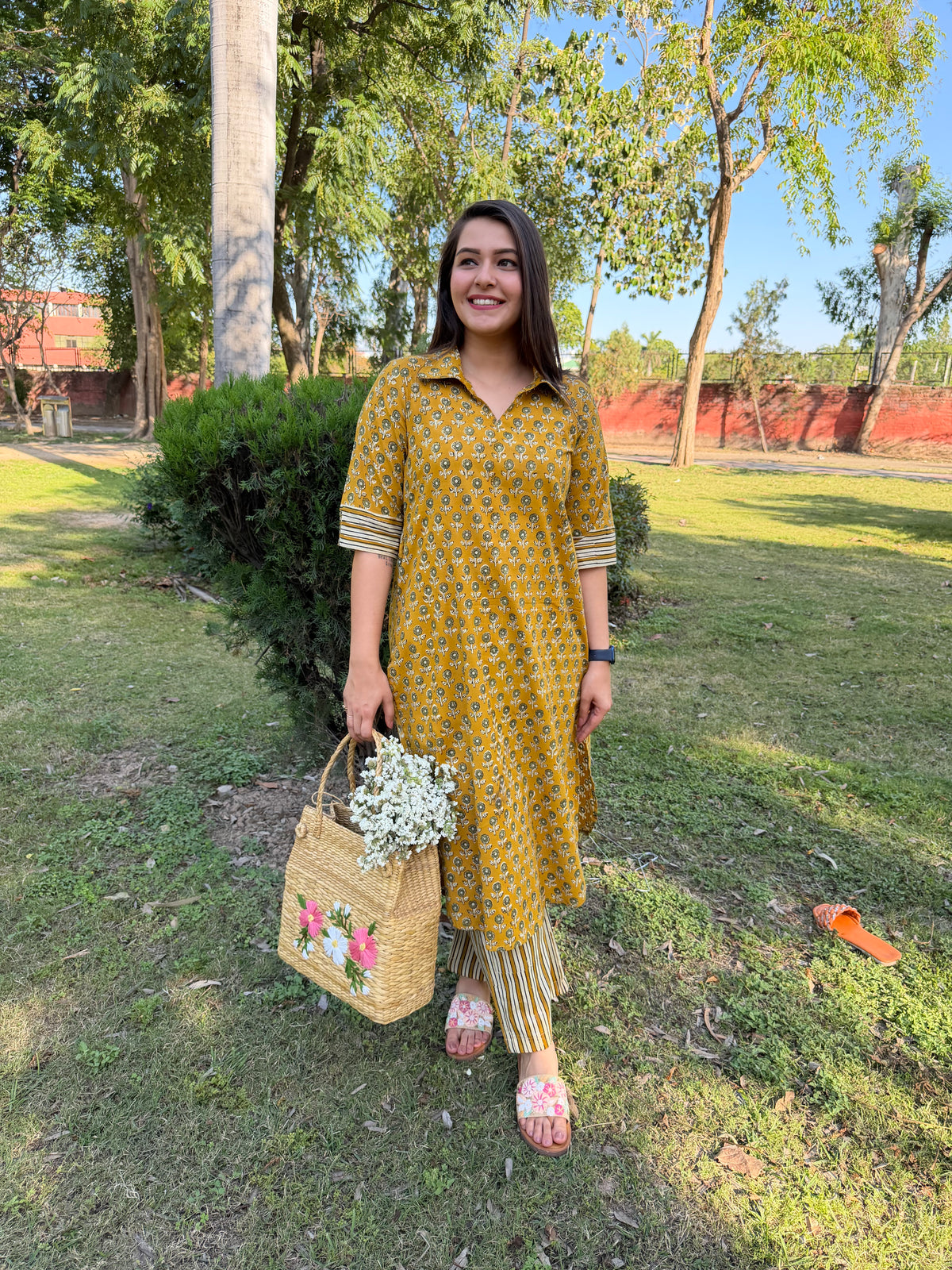 Mustard Handblock buti collar Coord set with pocket