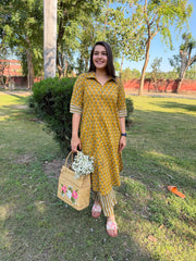 Mustard Handblock buti collar Coord set with pocket