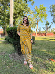 Mustard Handblock buti collar Coord set with pocket