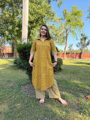 Mustard Handblock buti collar Coord set with pocket