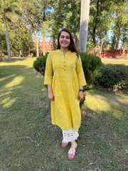 Lemon Yellow Side Gather Dobby Kurta