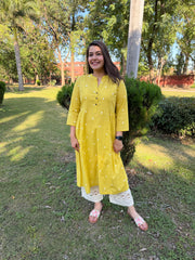 Lemon Yellow Side Gather Dobby Kurta