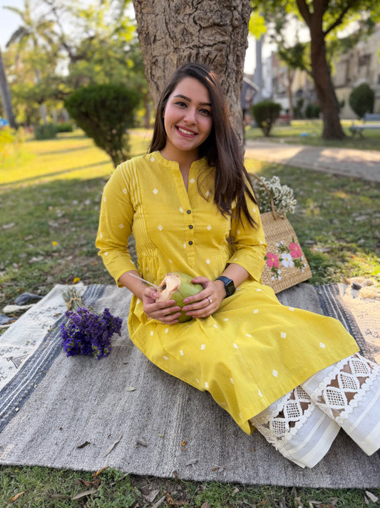 Lemon Yellow Side Gather Dobby Kurta