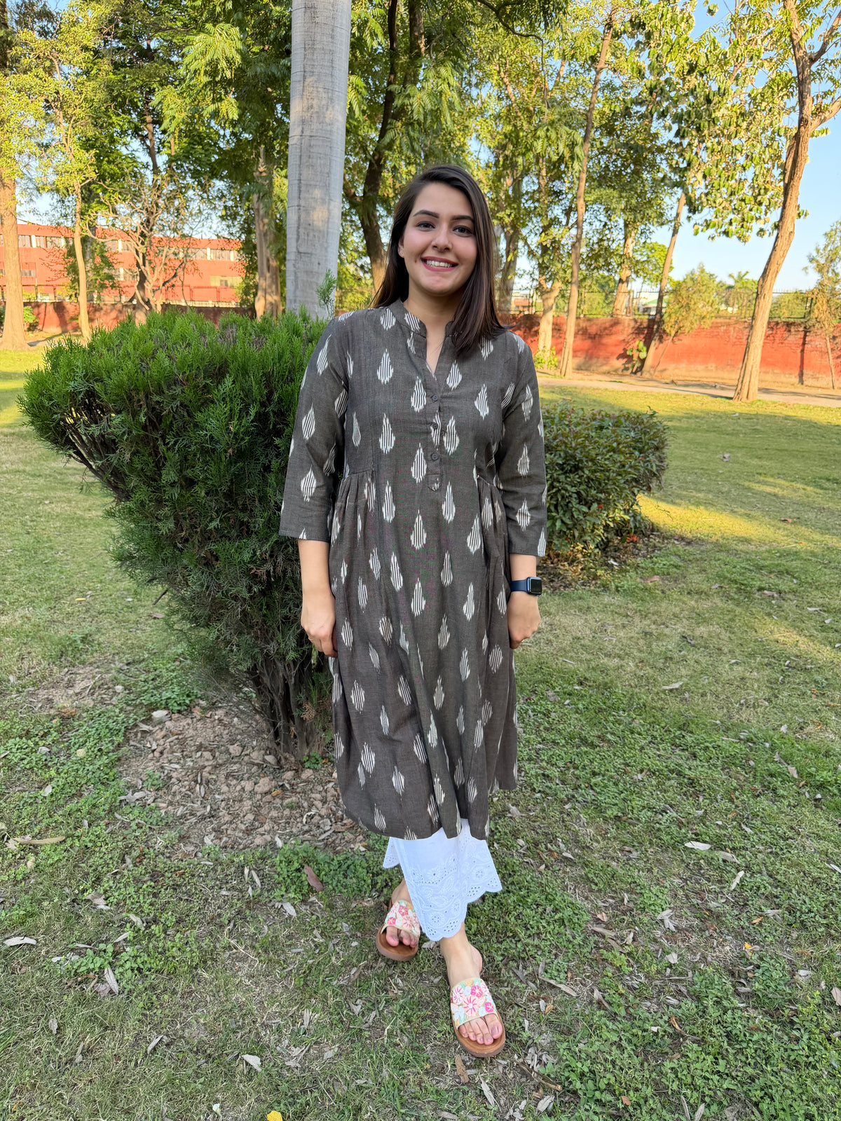 Grey Side Gather Ikkat Kurta