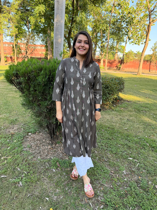 Grey Side Gather Ikkat Kurta