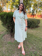 White Floral Buta Shirt Dress with Pockets