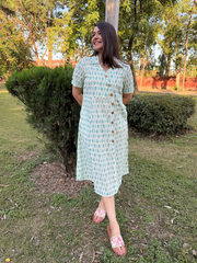 White Floral Buta Shirt Dress with Pockets