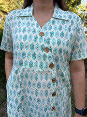 White Floral Buta Shirt Dress with Pockets