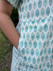White Floral Buta Shirt Dress with Pockets