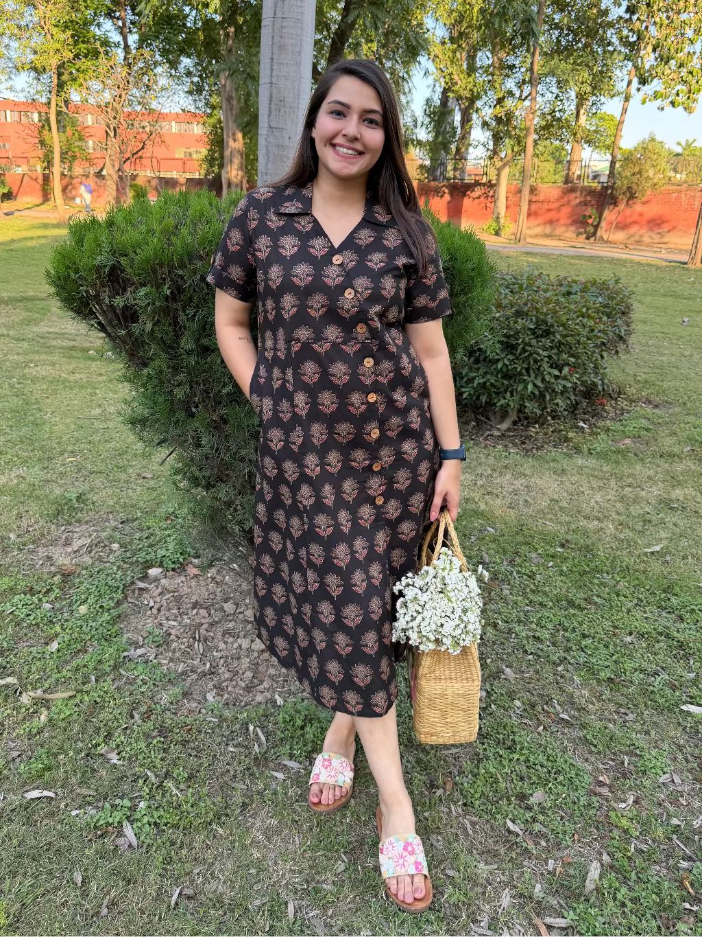 Brown handblock Aline dress with pocket