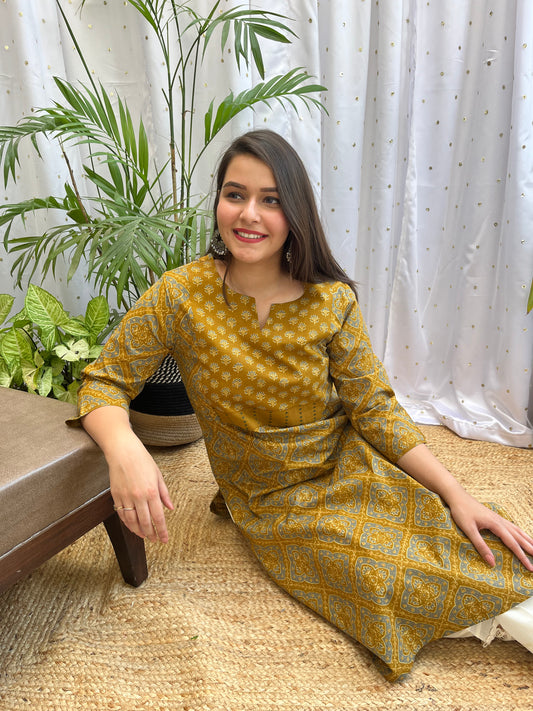 Mustard Geometric Yoke Kurta