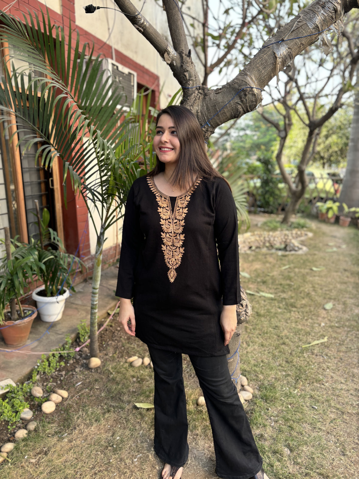Black embroidered woollen short kurti