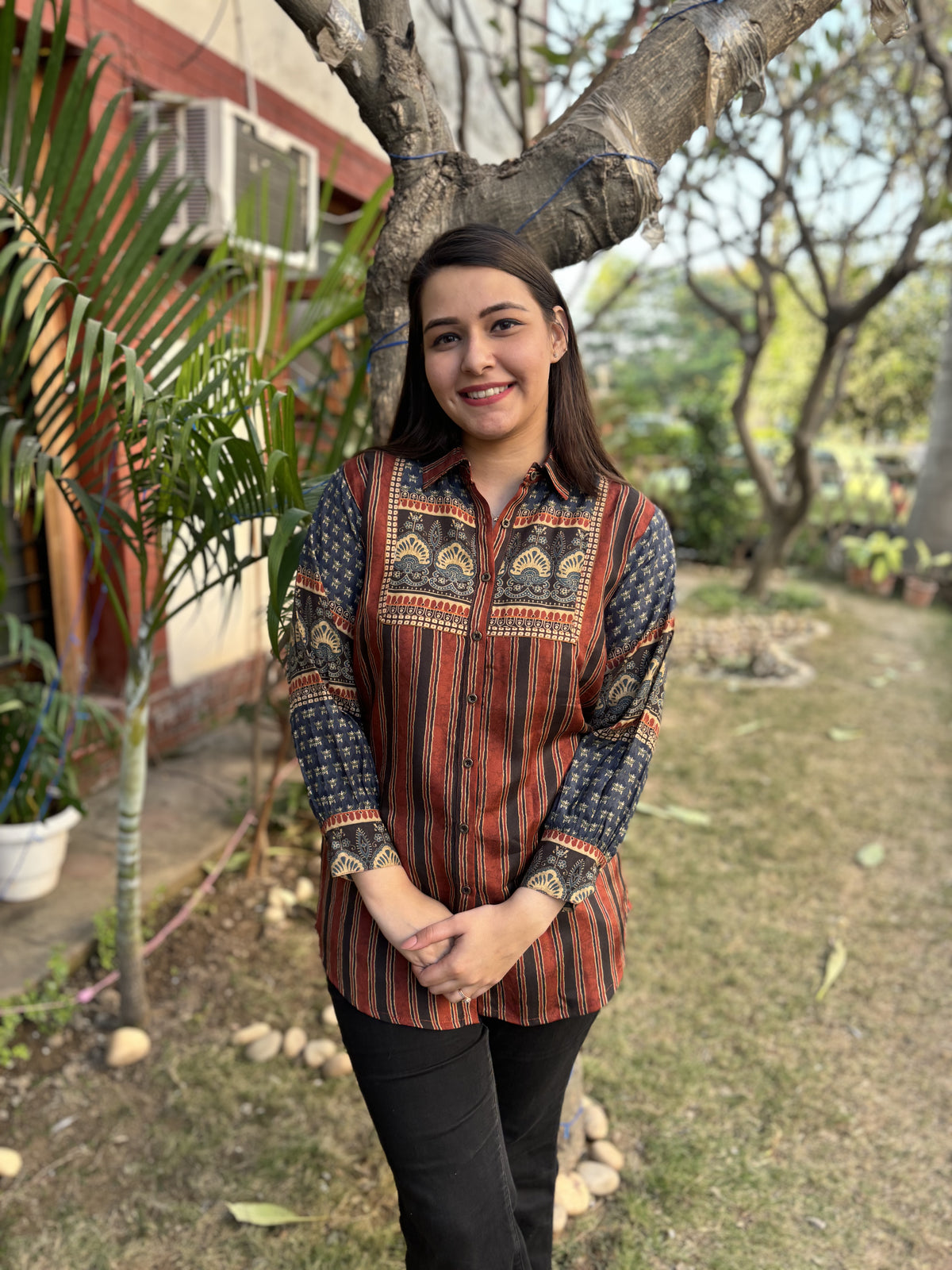 Digital print muslin silk shirt (with yoke print)