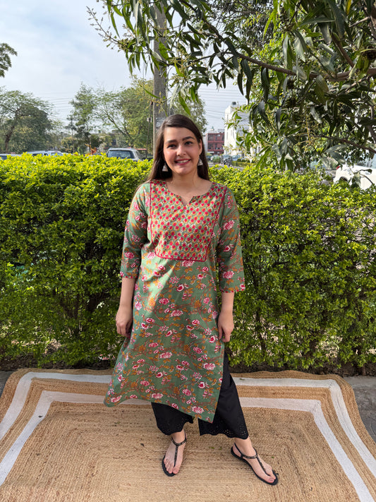 pista green floral straight kurta