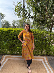 Mustard Floral print yoke kurta