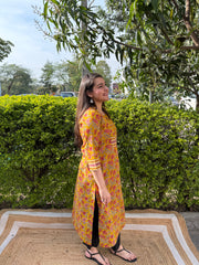 Mustard Floral print yoke kurta