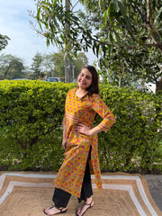 Mustard Floral print yoke kurta