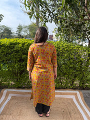 Mustard Floral print yoke kurta