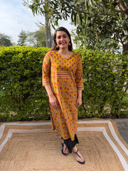 Mustard Floral print yoke kurta