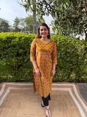 Mustard Floral print yoke kurta