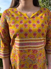 Mustard Floral print yoke kurta