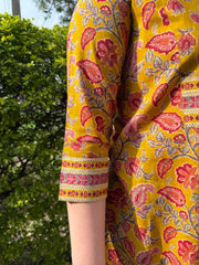 Mustard Floral print yoke kurta