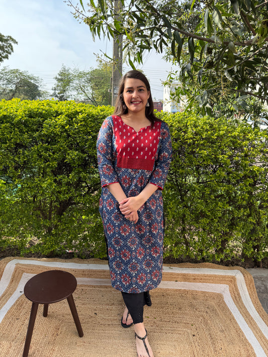 Blue ambi floral yoke kurta