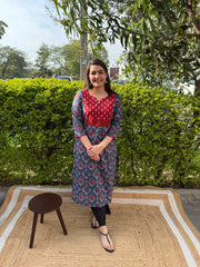 Blue ambi floral yoke kurta