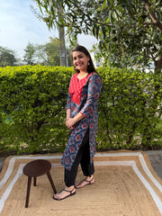 Blue ambi floral yoke kurta