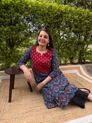 Blue ambi floral yoke kurta