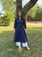 Blue Ikkat Aline kurta with Pocket