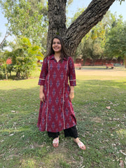 Maroon Aline Ikkat Kali kurta with Pocket