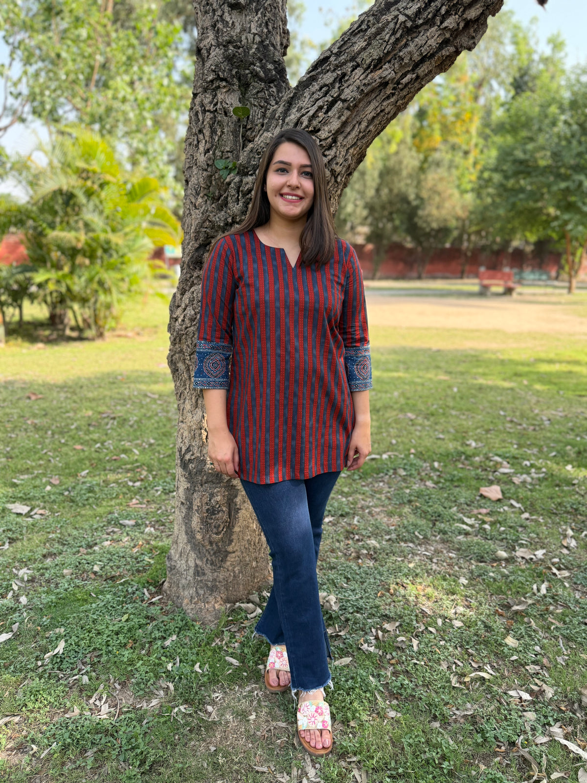Maroon and Blue lines Short kurti