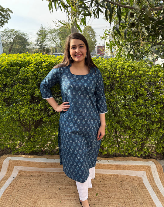 Dark blue floral long kurti