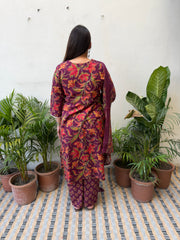 Wine big flower suit set with yoke