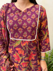 Wine big flower suit set with yoke
