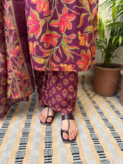 Wine big flower suit set with yoke