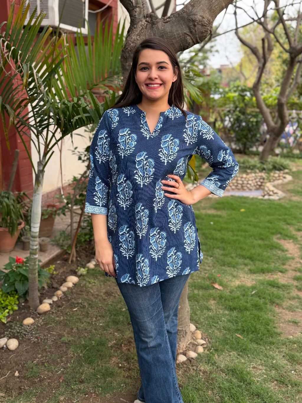 Indigo Kantha Buta Short Kurta by MySanskritam