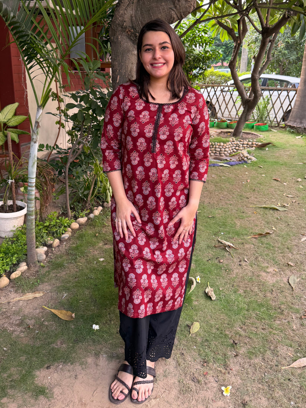 Maroon Ajrakh Lace Kurta by MySanskritam