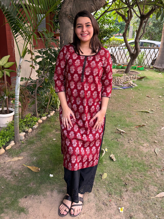 Maroon Ajrakh Lace Kurta by MySanskritam