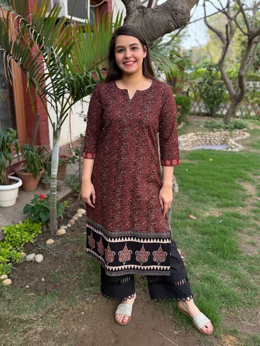 Maroon & Black Textured Kurta with Elegant Border by MySanskritam