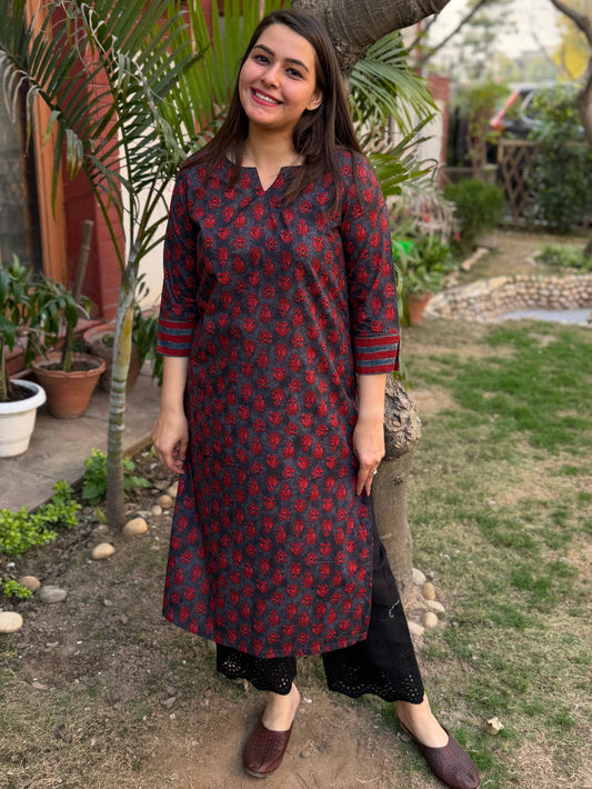 Maroon Buti Grey Kurta by Sanskritam